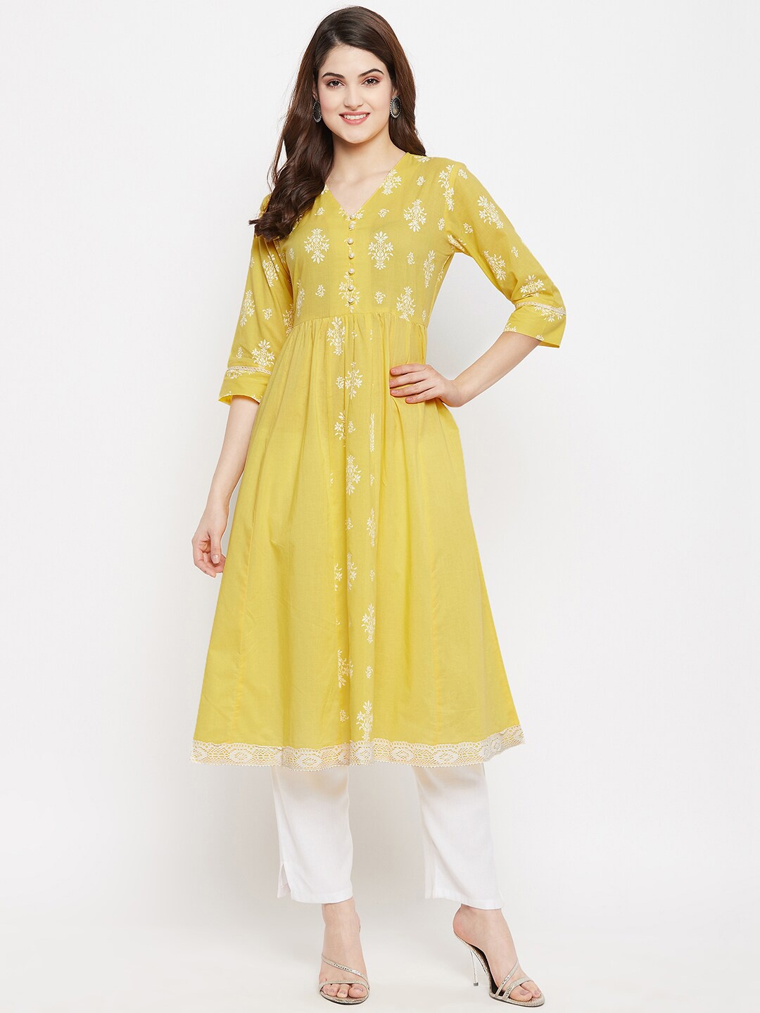 

One of a Kind Yellow Ethnic Motifs Printed V-Neck Pure Cotton Anarkali Kurti