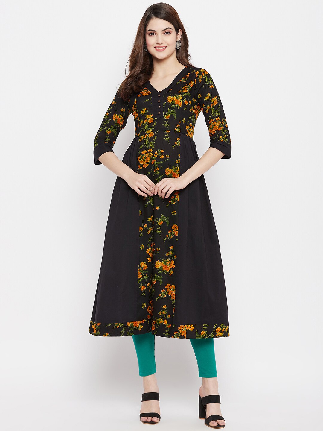 

One of a Kind Women Black & Green Floral Printed Anarkali Kurta