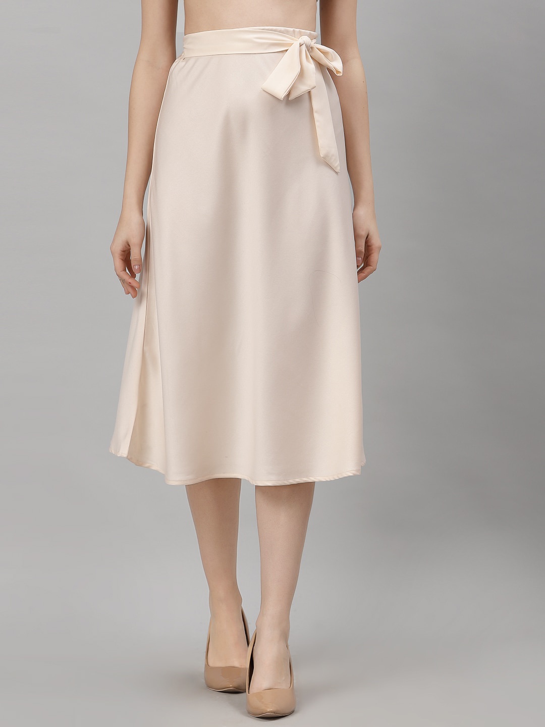 

NEUDIS Women Off White Solid Satin Finish A-Line Midi Skirt