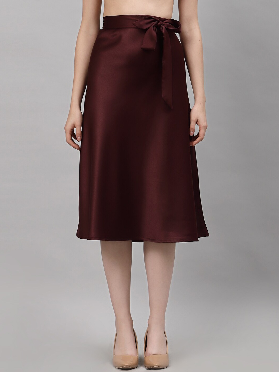 

NEUDIS Women Burgundy Solid Midi A-Line Skirt