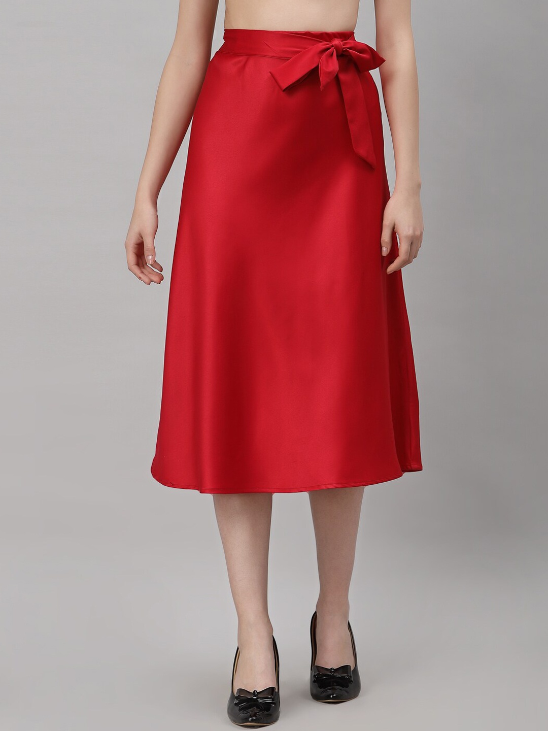 

NEUDIS Women Red Solid Satin Finish A-Line Knee Length Skirt