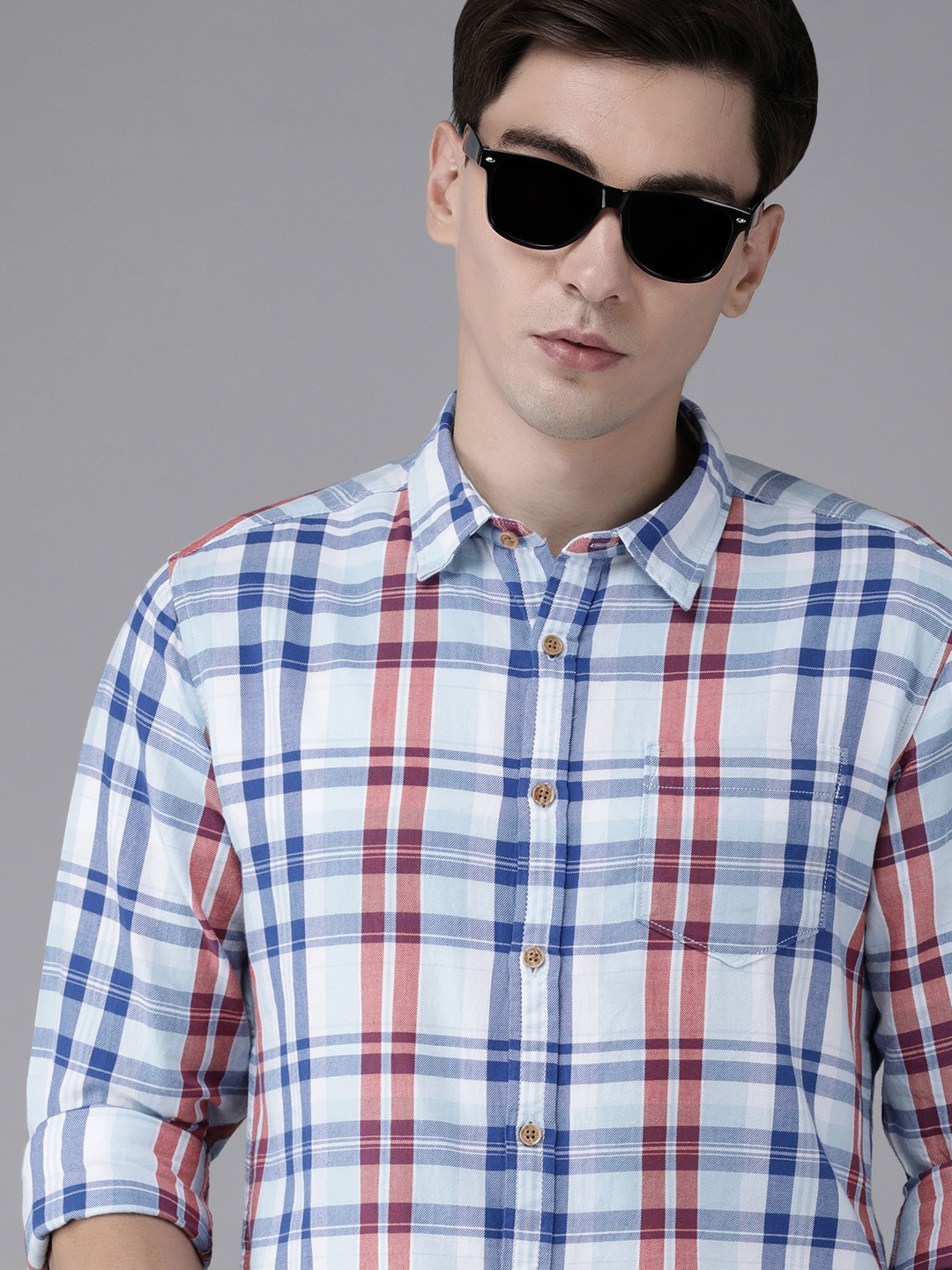 

BEAT LONDON by PEPE JEANS Men Blue & Red Slim Fit Checked Pure Cotton Casual Shirt