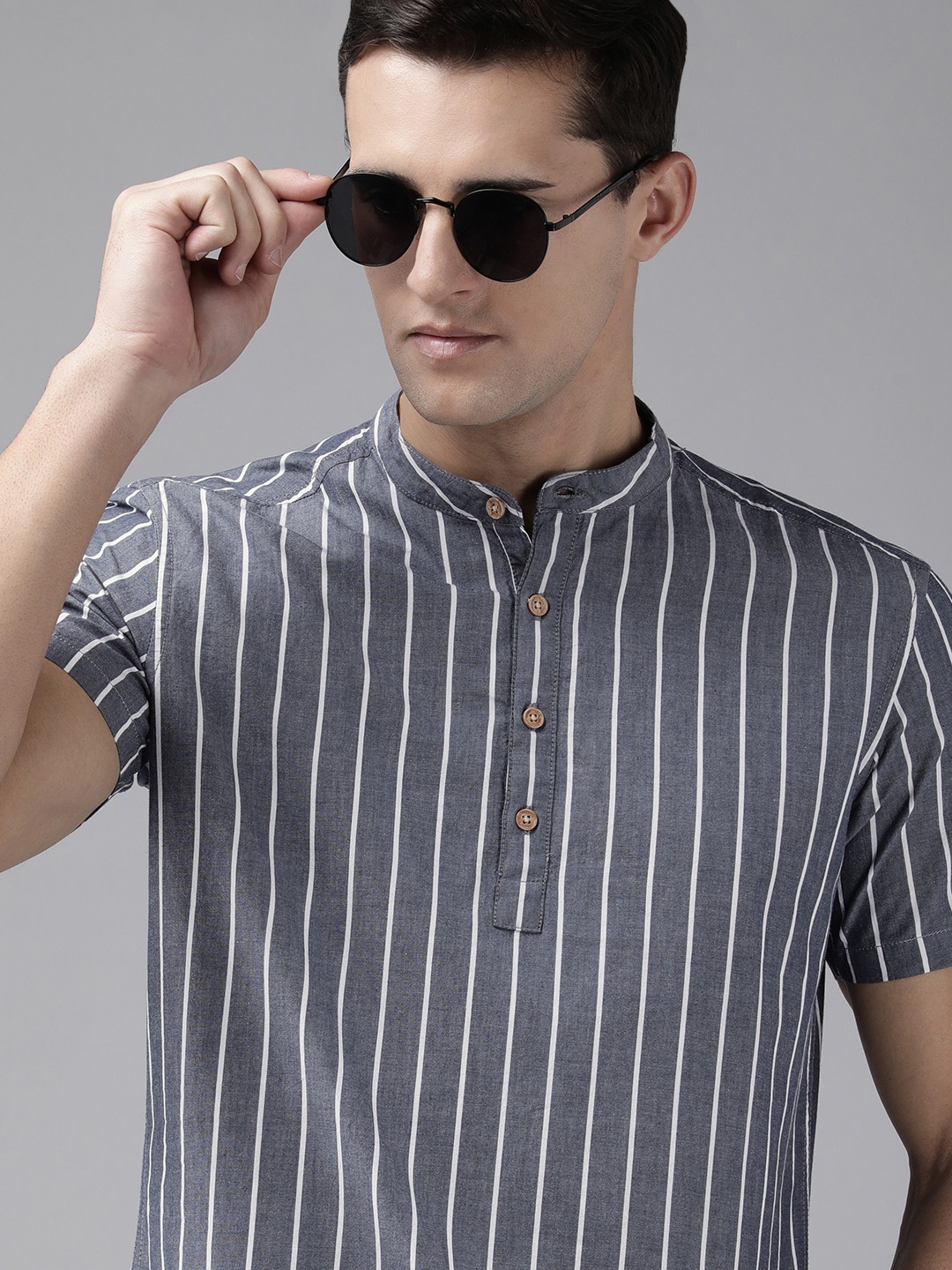 

BEAT LONDON by PEPE JEANS Men Grey FRANK Slim Fit Striped Pure Cotton Casual Shirt