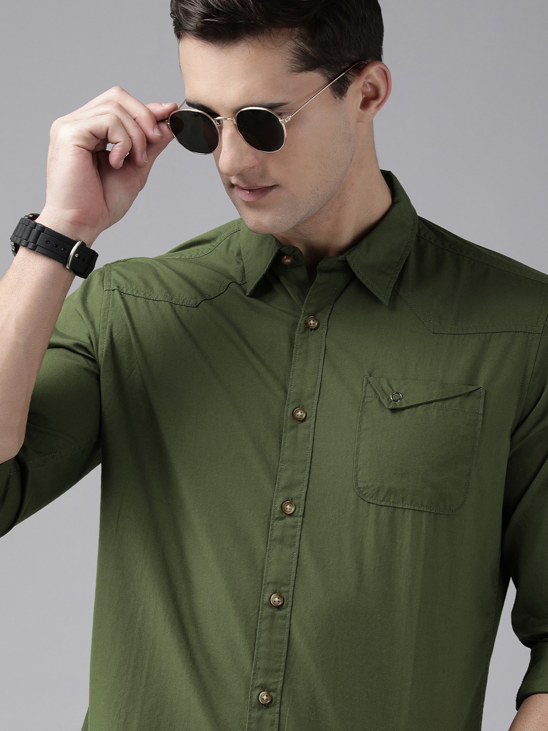 

BEAT LONDON by PEPE JEANS Men Olive Green URON Slim Fit Pure Cotton Casual Shirt