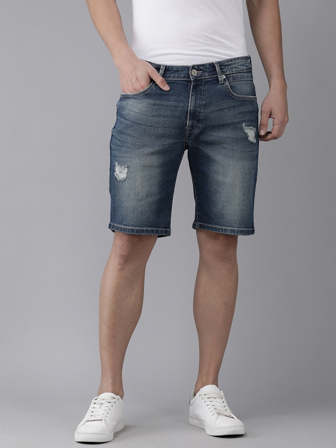 

BEAT LONDON by PEPE JEANS Men Blue Washed Distressed Denim Shorts