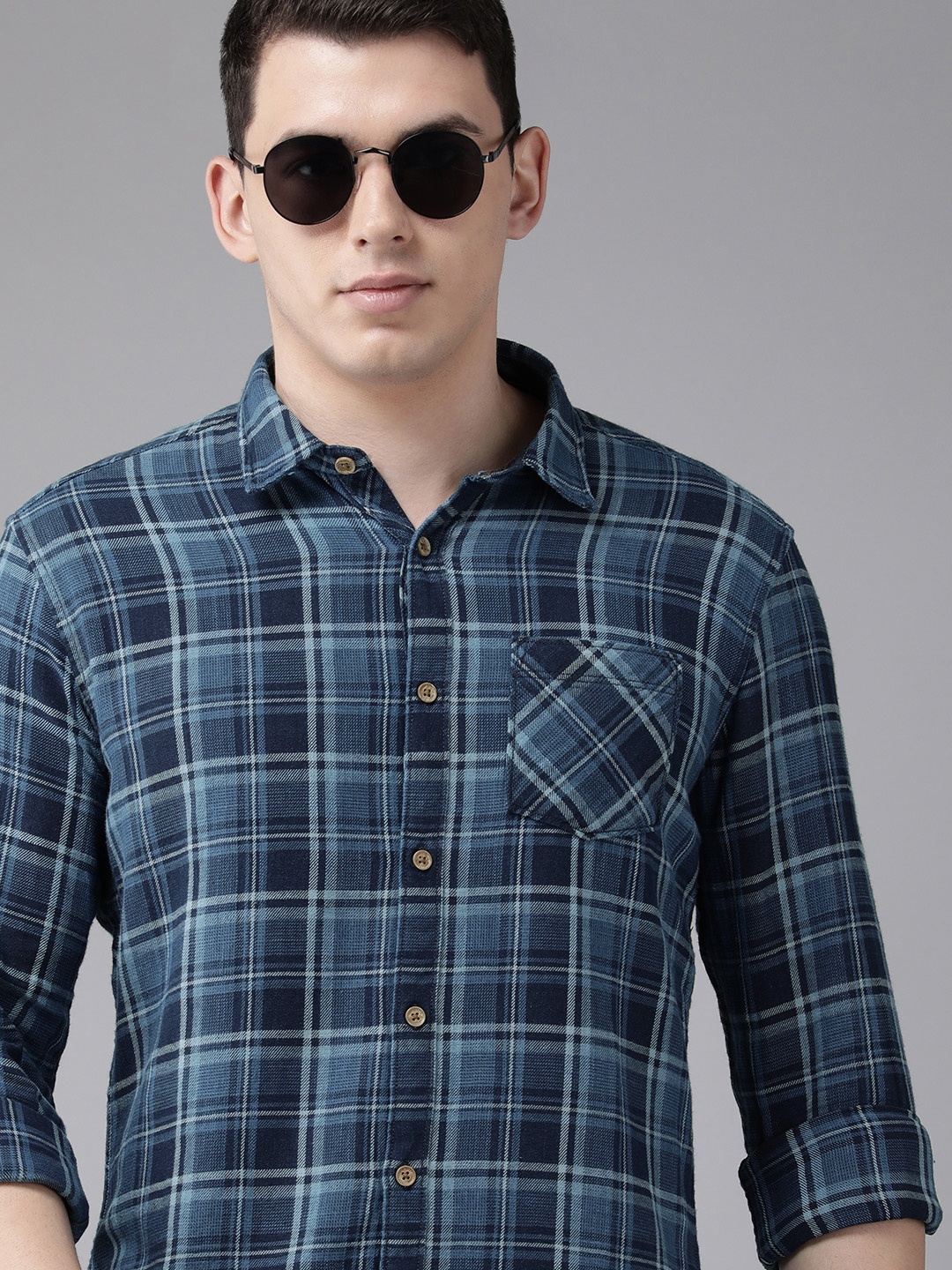 

BEAT LONDON by PEPE JEANS Men Navy Blue Checked Pure Cotton Casual Shirt