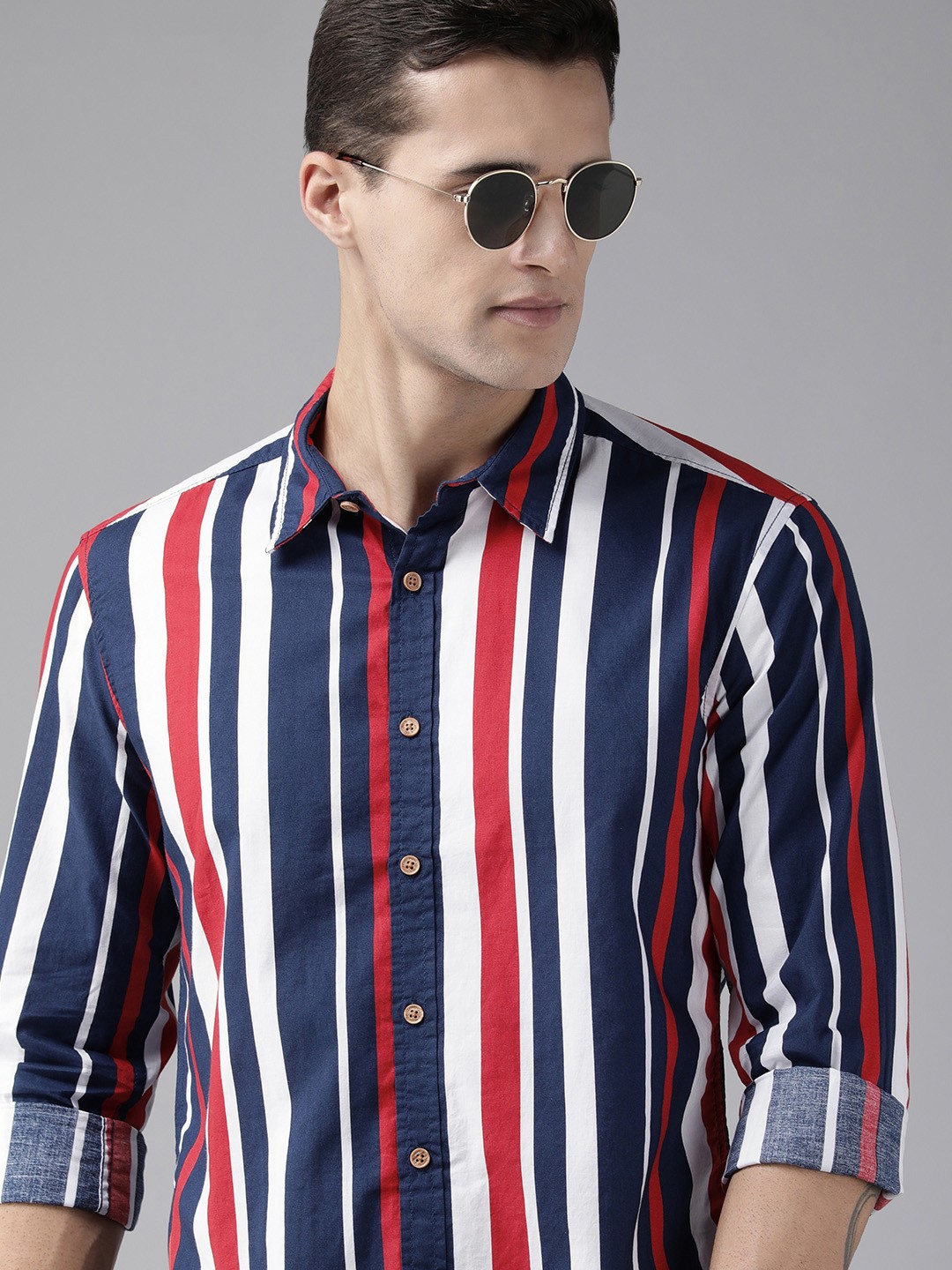 

BEAT LONDON by PEPE JEANS Men Red & Navy Blue ZAR Slim Fit Striped Pure Cotton Shirt