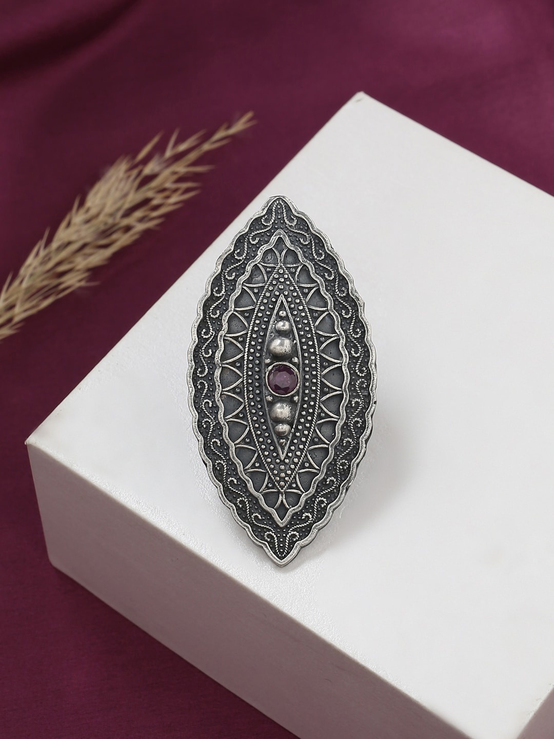 

VIRAASI Oxidised Silver-Toned & Purple Stone Studded & Beaded Adjustable Finger Ring