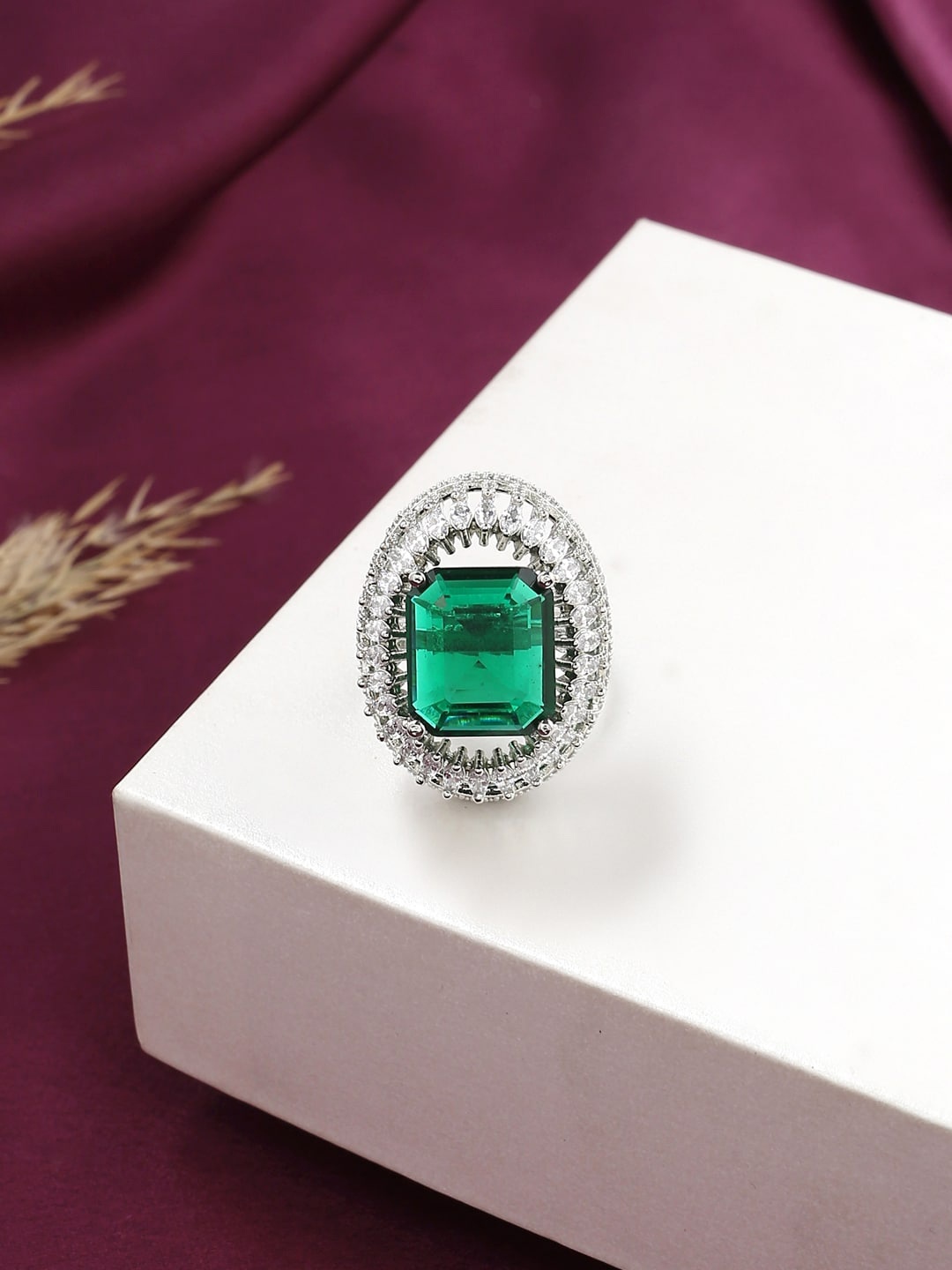 

VIRAASI Silver-Plated Green & White CZ Studded Adjustable Finger Ring
