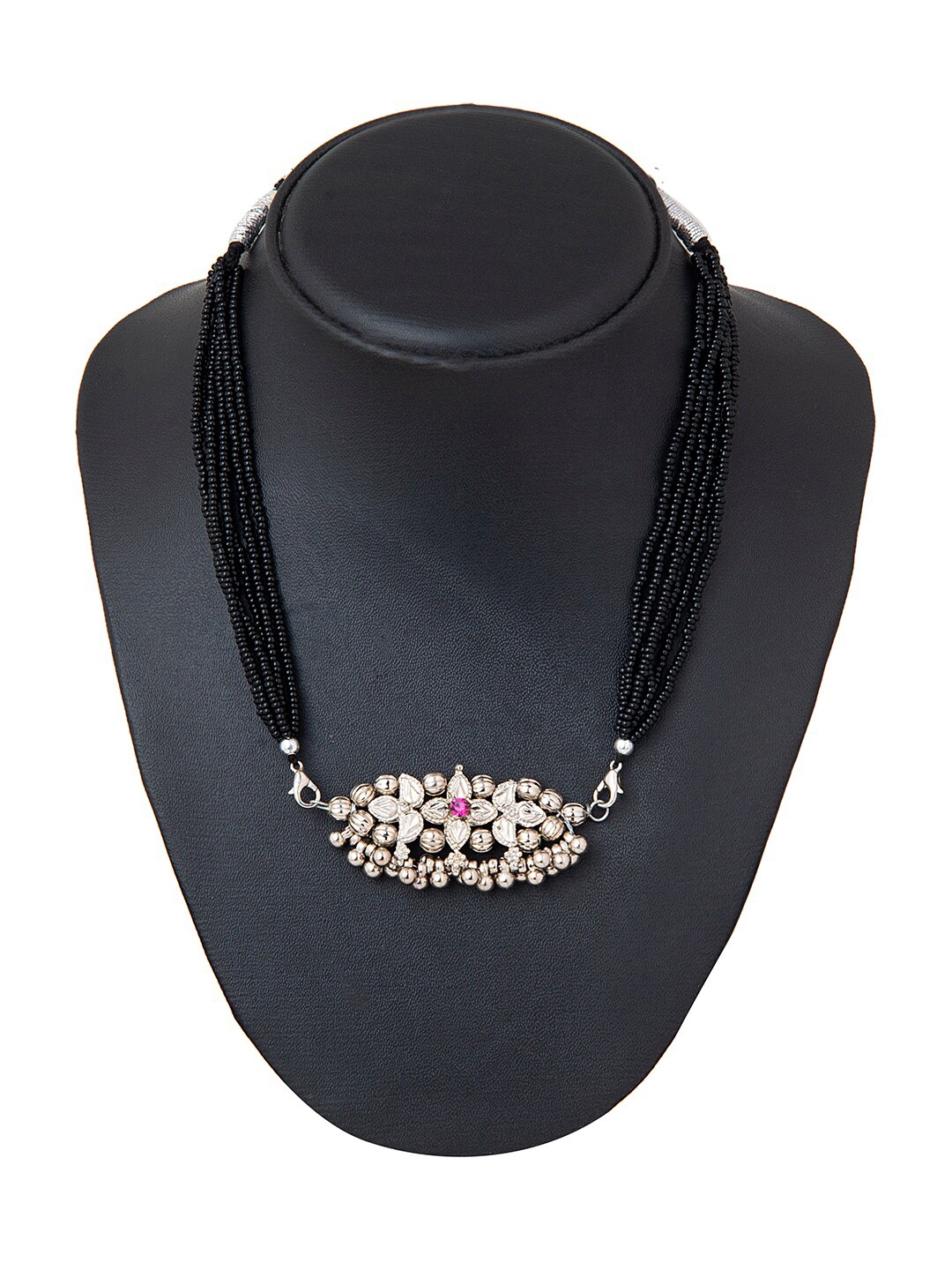 

Shining Jewel - By Shivansh Oxidised Silver-Plated Black & Pink Pearl Thushi Mangalsutra