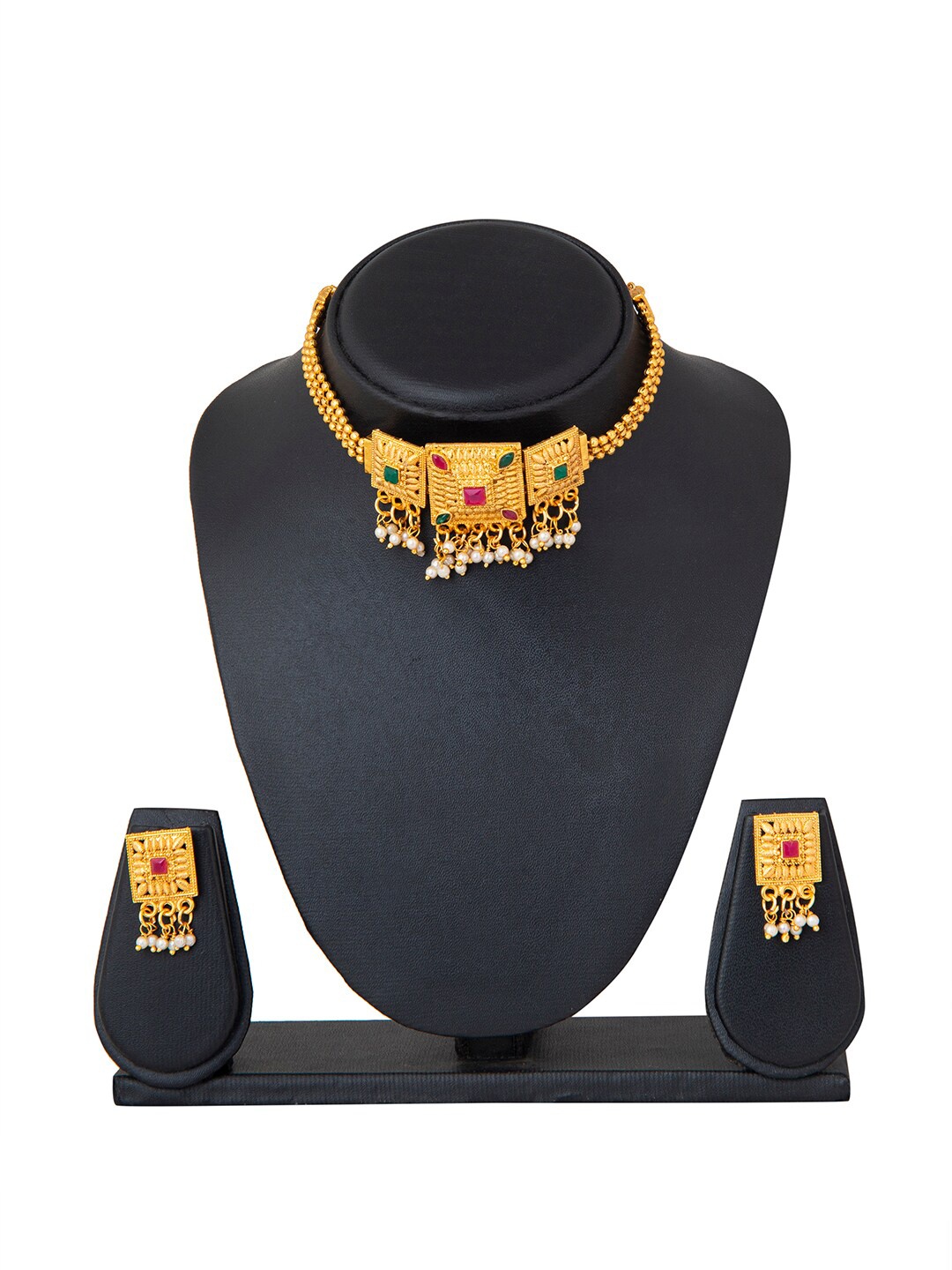 

Shining Jewel - By Shivansh Gold-Plated & White Pearls Traditional Jewellery Set