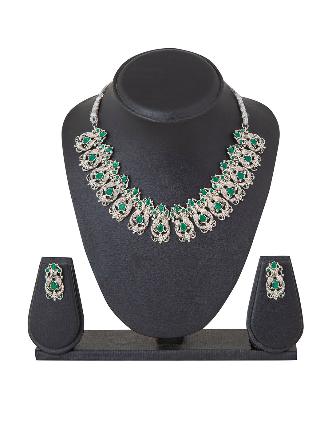 

Shining Jewel - By Shivansh Silver-Plated & Green Peacock Design Jewellery Set