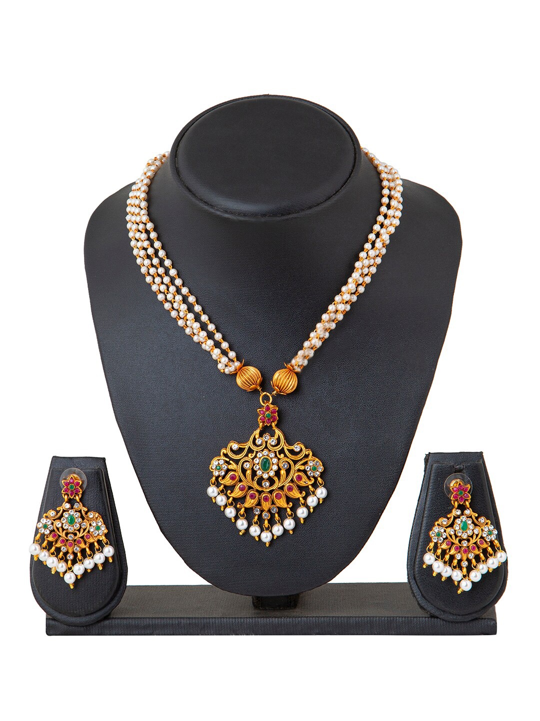 

Shining Jewel - By Shivansh Gold-Plated & White Pearls Traditional Jewellery Set