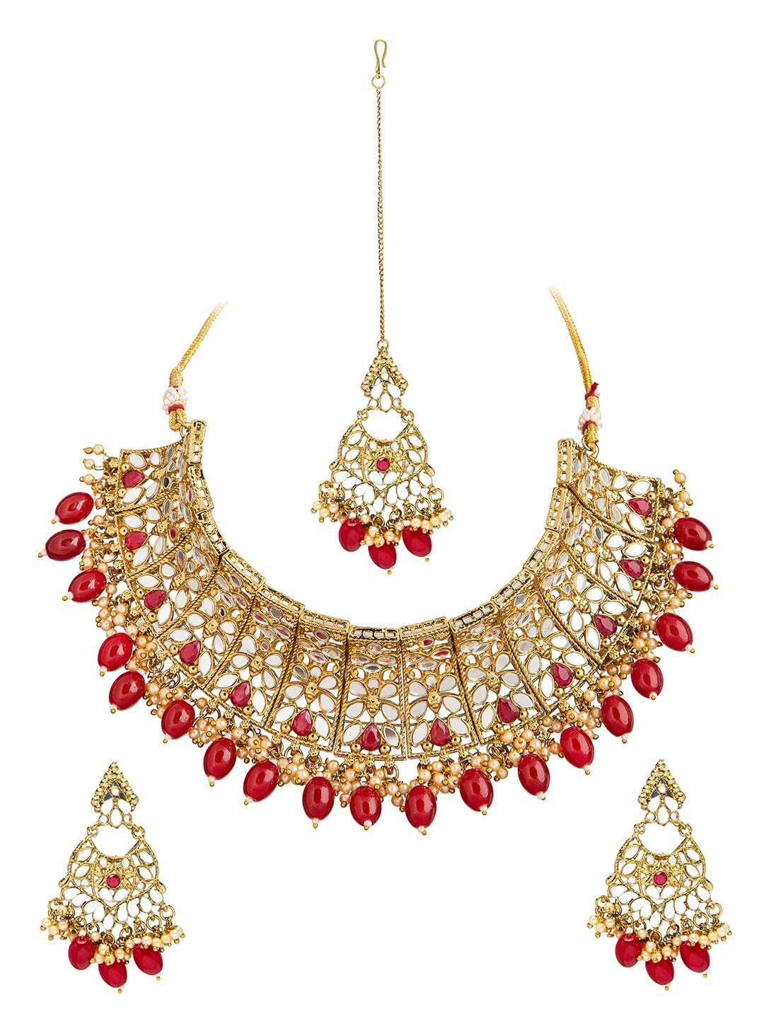 

Shining Jewel - By Shivansh Gold-Plated & Maroon Traditional Jewellery Set & Maangtika