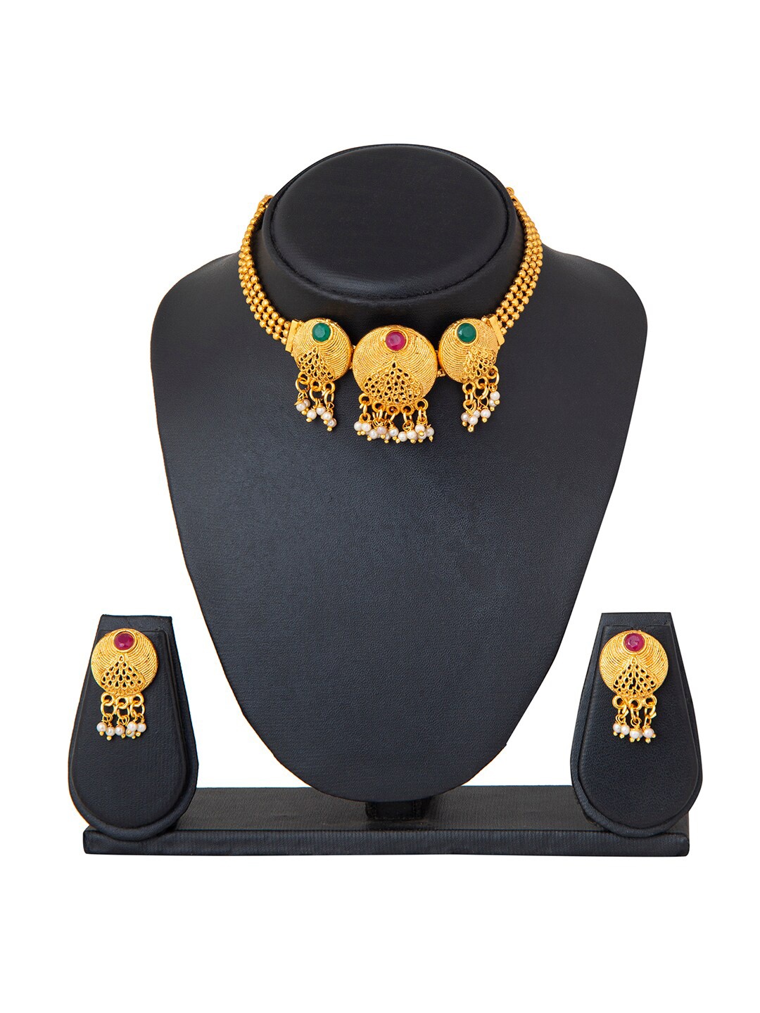 

Shining Jewel - By Shivansh Gold-Plated Pearls Ethnic Choker Necklace Jewellery Set