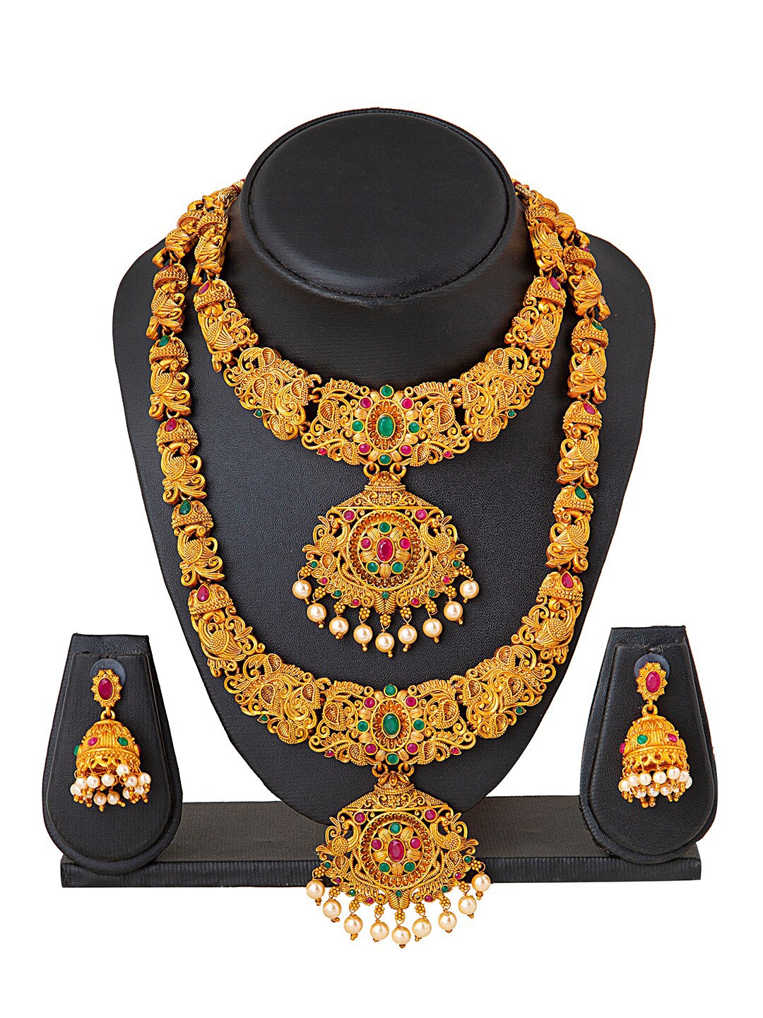 

Shining Jewel - By Shivansh Gold-Plated & Red Brass Temple Bridal Jewellery Set