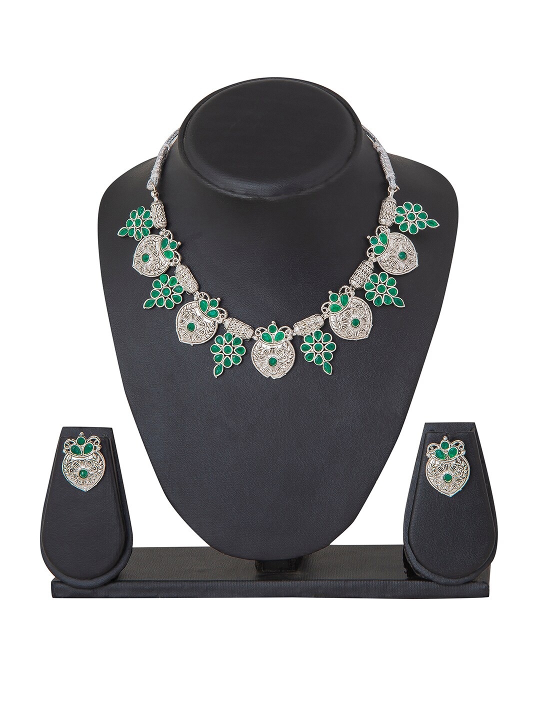 

Shining Jewel - By Shivansh Oxidised Silver-Plated Green CZ Studded Jewellery Set