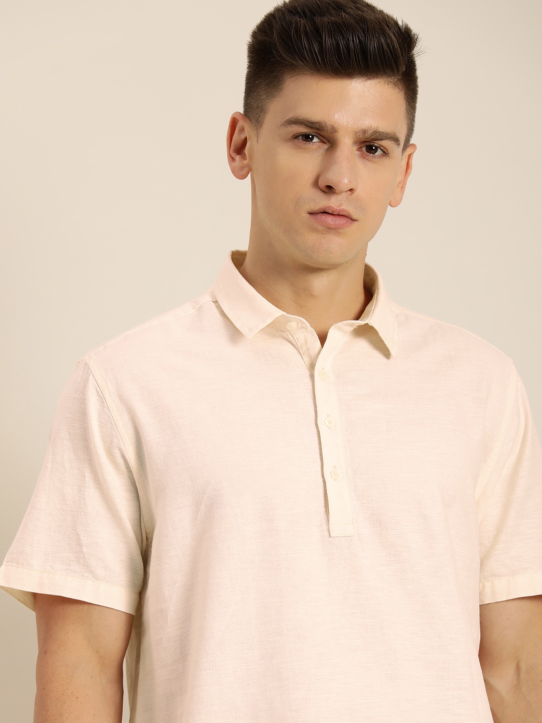 

ether Men Coral Pink Relaxed Fit Cotton Linen Casual Shirt
