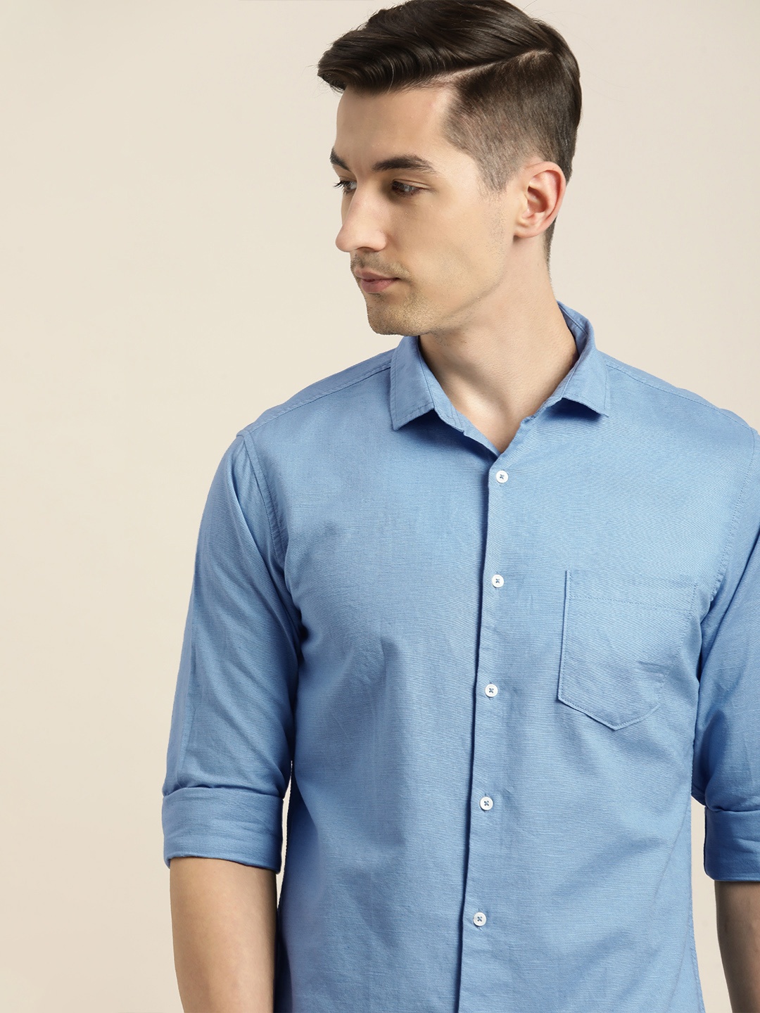

ether Men Blue Solid Cotton Linen Casual Shirt