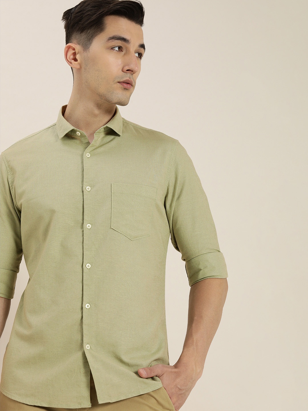 

ether Men Olive Green Solid Slim Fit Cotton Linen Casual Shirt