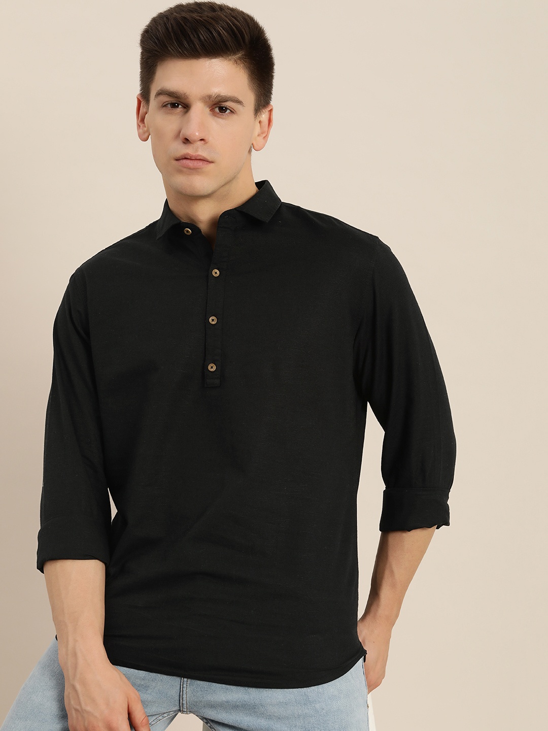 

ether Men Black Solid Regular Fit Cotton Linen Casual Shirt