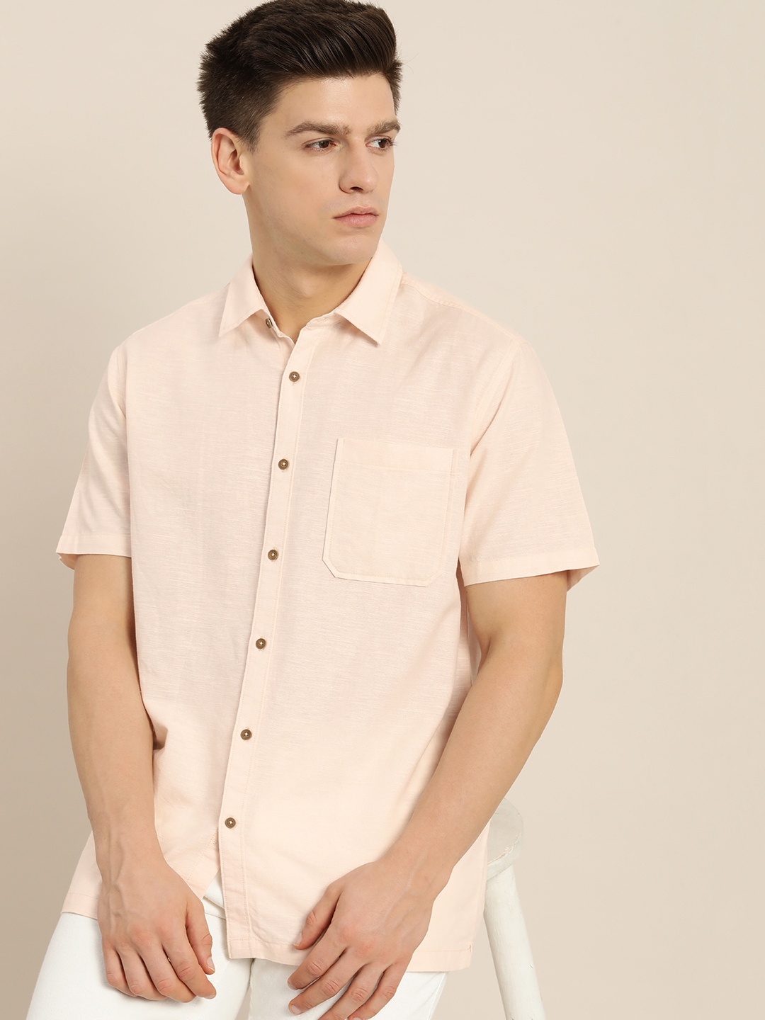 

ether Men Pink Solid Regular Fit Cotton Linen Casual Shirt