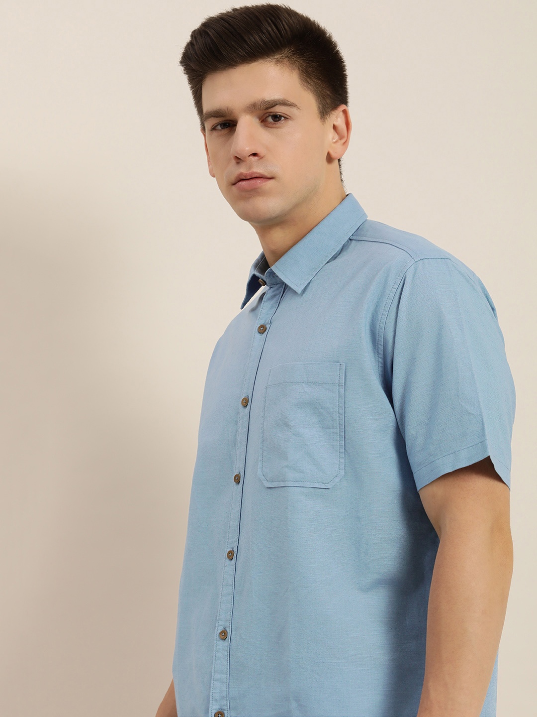 

ether Men Blue Solid Regular Fit Cotton Linen Casual Shirt