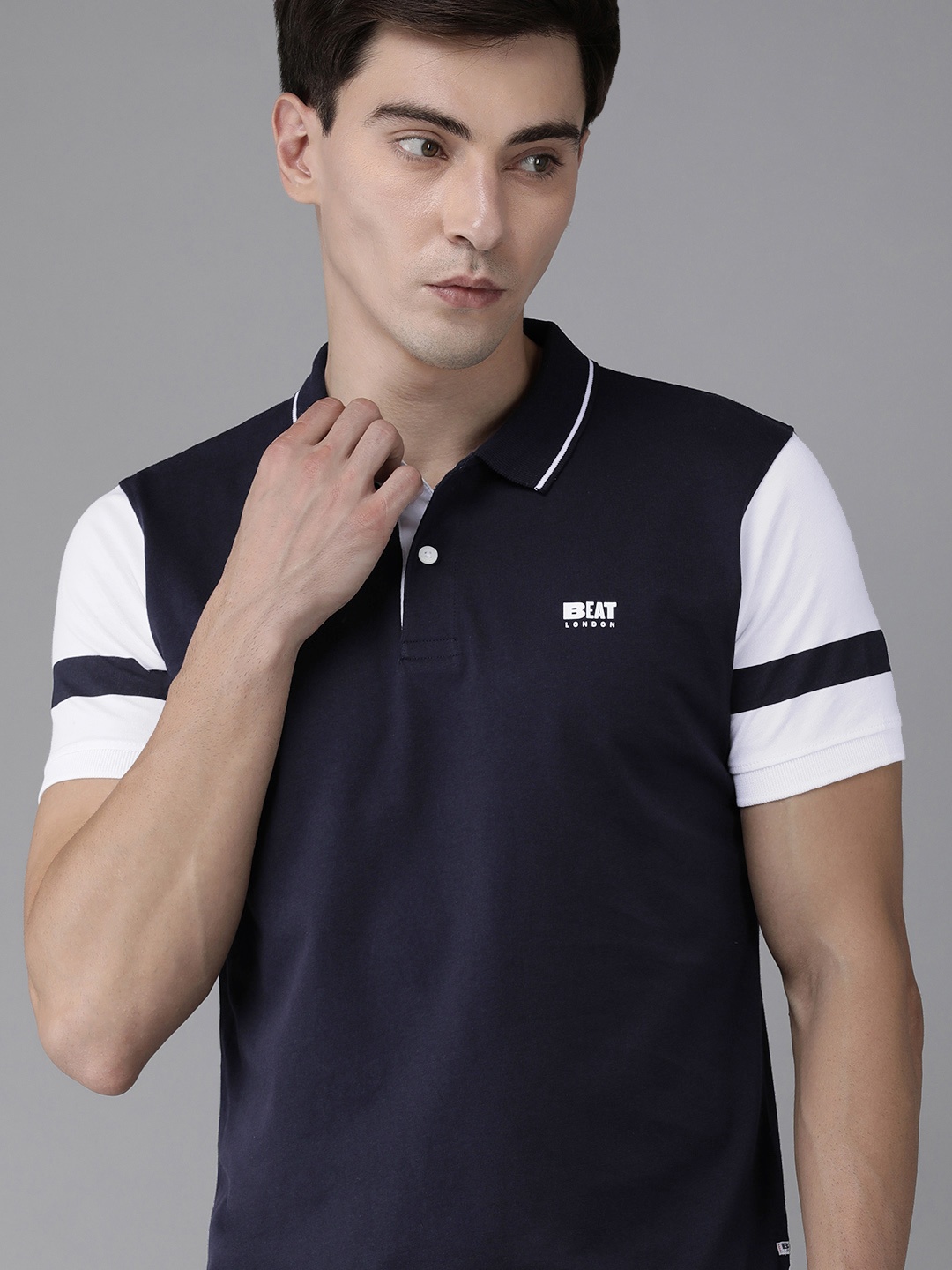 

BEAT LONDON by PEPE JEANS Men Navy Blue Polo Collar Pure Cotton Slim Fit T-shirt