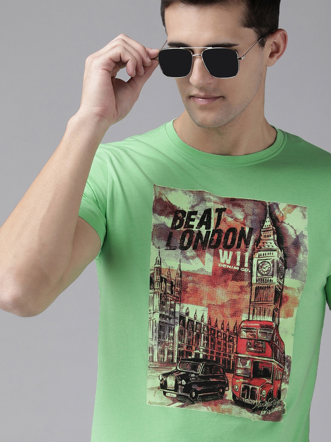 

BEAT LONDON by PEPE JEANS Men Mint Green Printed Pure Cotton Slim Fit T-shirt