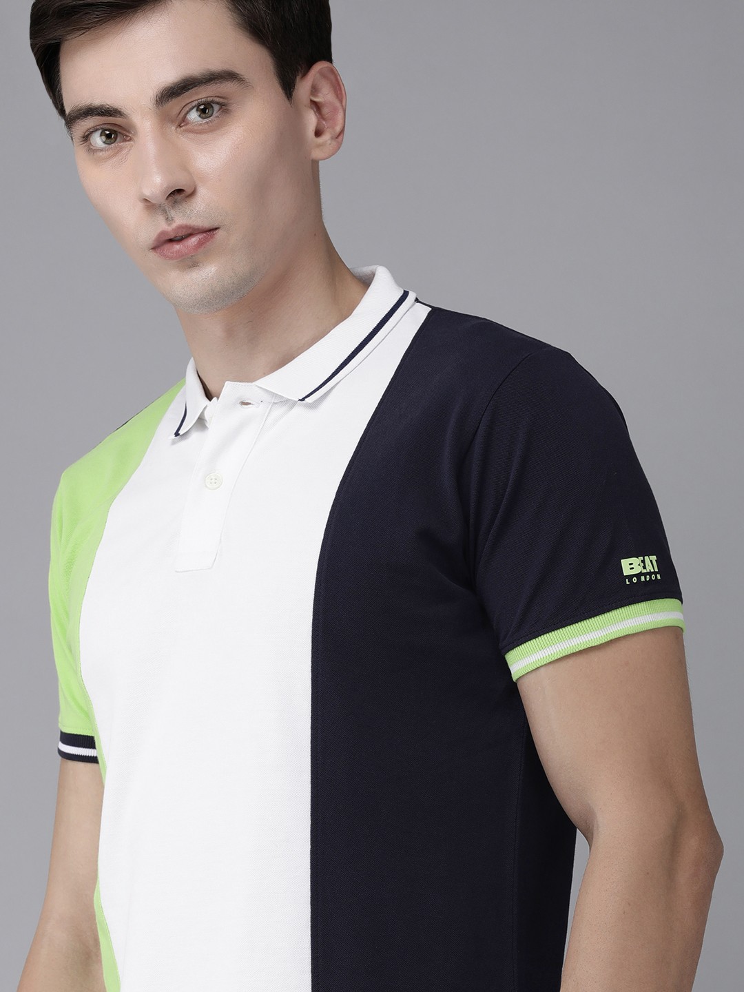 

BEAT LONDON by PEPE JEANS Men Green & White Colourblocked Polo Collar Slim Fit T-shirt