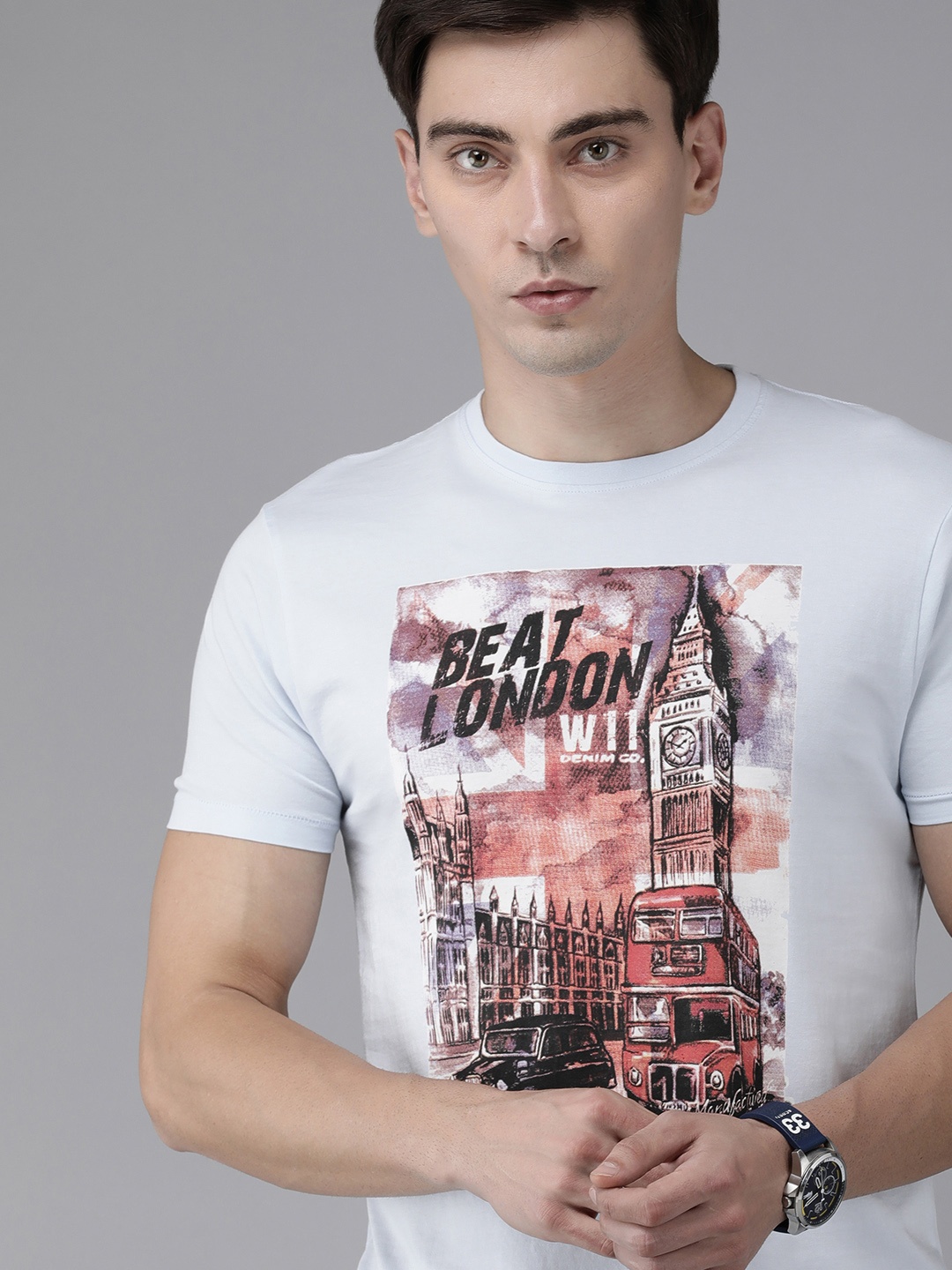 

BEAT LONDON by PEPE JEANS Men White & Brown Printed Pure Cotton Slim Fit T-shirt