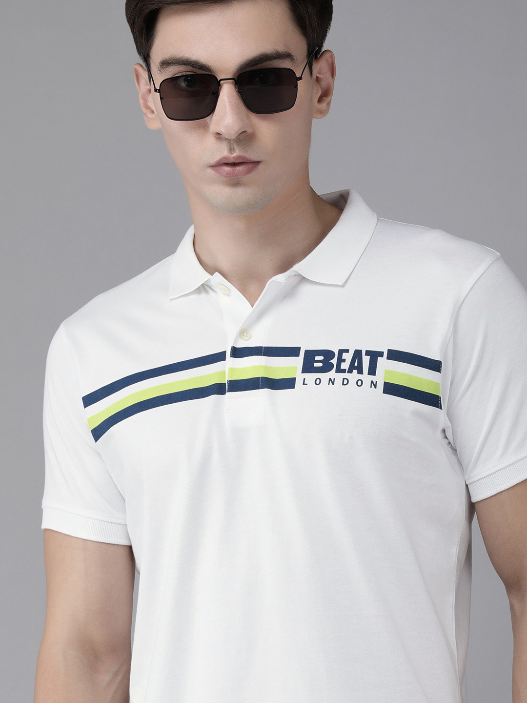 

BEAT LONDON by PEPE JEANS Men White Striped Polo Collar Pure Cotton Slim Fit T-shirt