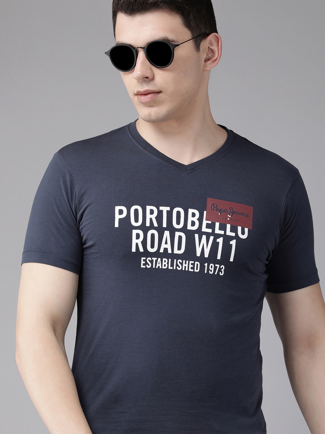 BEAT LONDON by PEPE JEANS Men Navy Blue Typography Printed Slim Fit T-shirt
