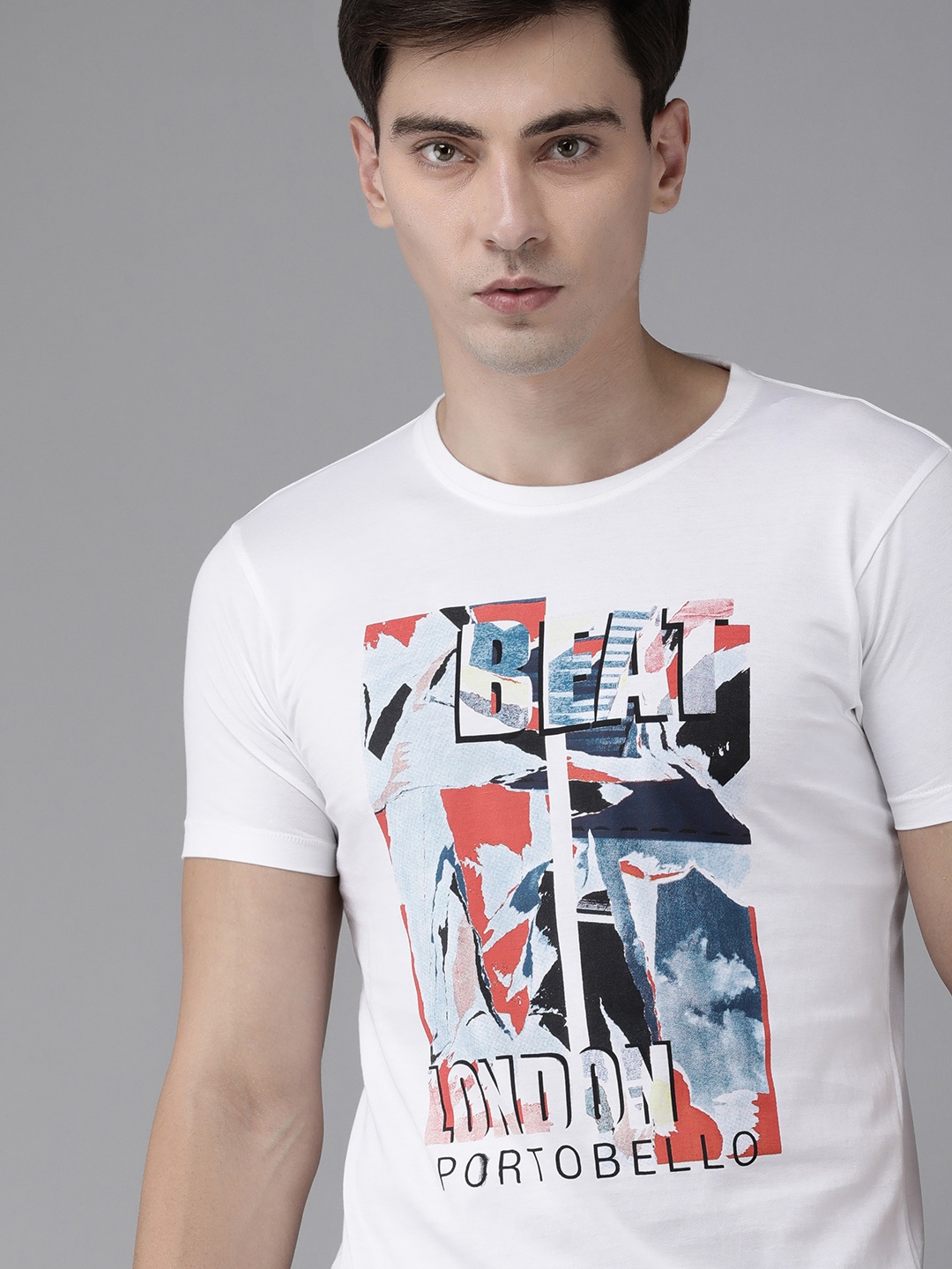 

BEAT LONDON by PEPE JEANS Men White Brand Logo Printed Slim Fit Pure Cotton T-shirt