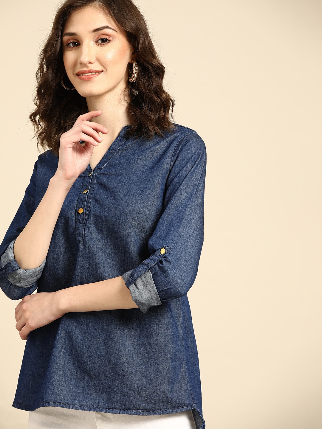 

all about you Navy Blue Mid Wash Denim Roll-Up Sleeves Shirt Style Top