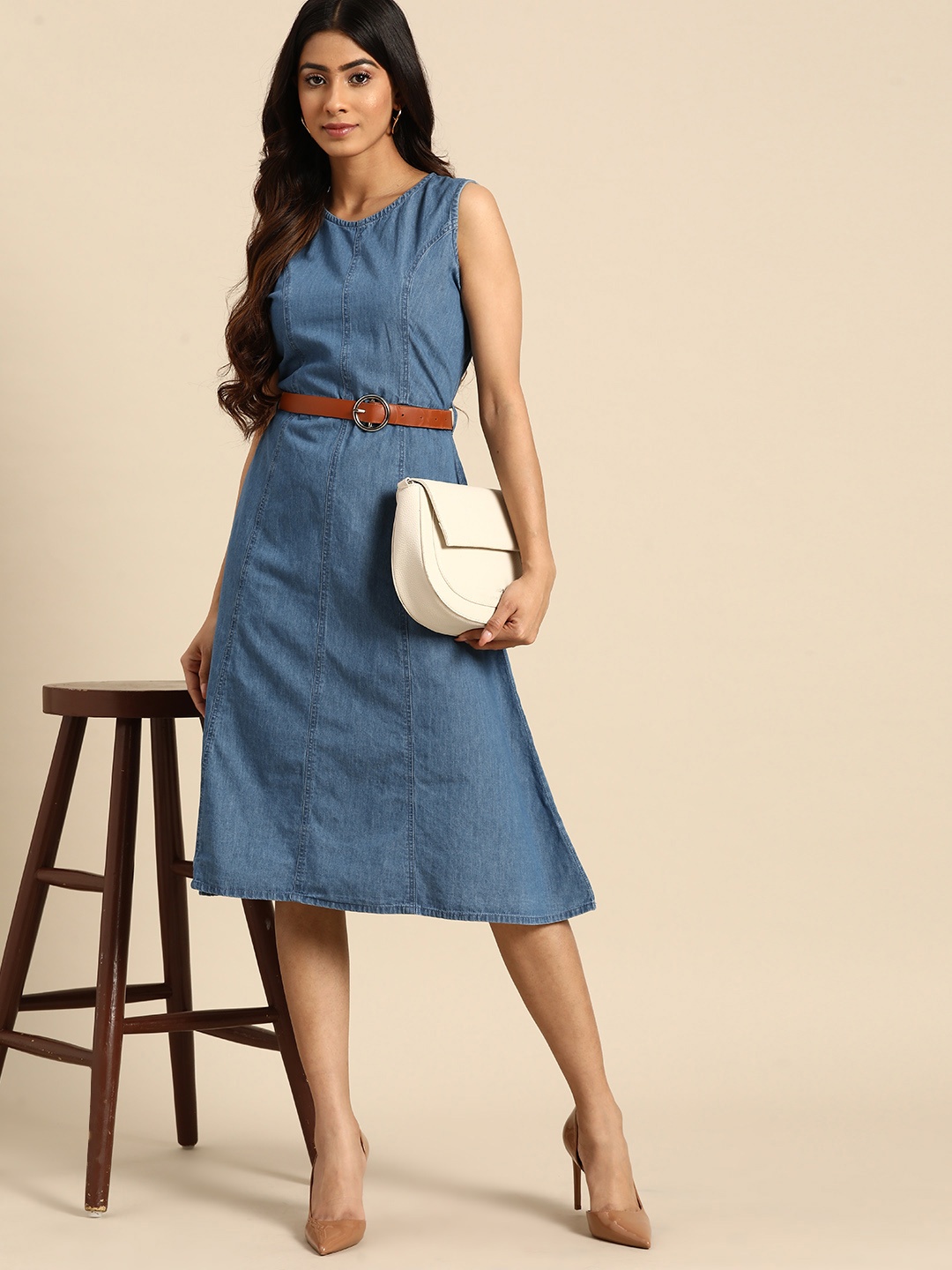 all about you Chambray Finish A-Line Pure Cotton Dress With Detachable Belt, Blue