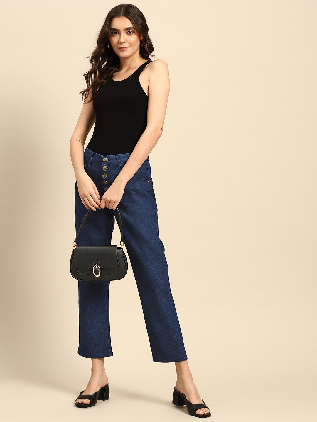 

all about you Women Blue Solid Mid Rise Straight Fit Stretchable Cropped Jeans, Navy blue