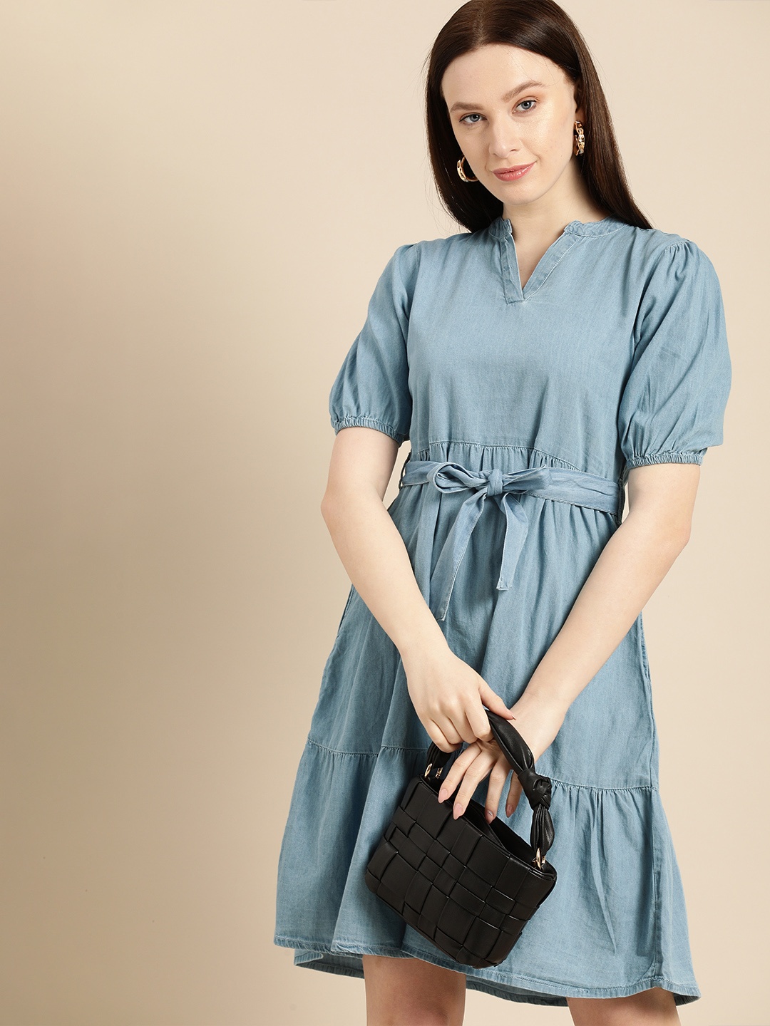 

all about you Women BlueSolid V Neck Puff Sleeves Pure Cotton A-Line Dress, Blue