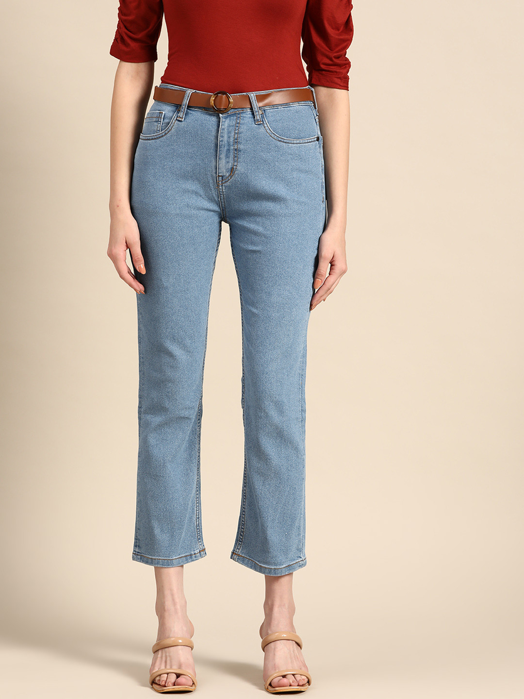 

all about you Women Straight Fit Stretchable Jeans with Belt, Blue