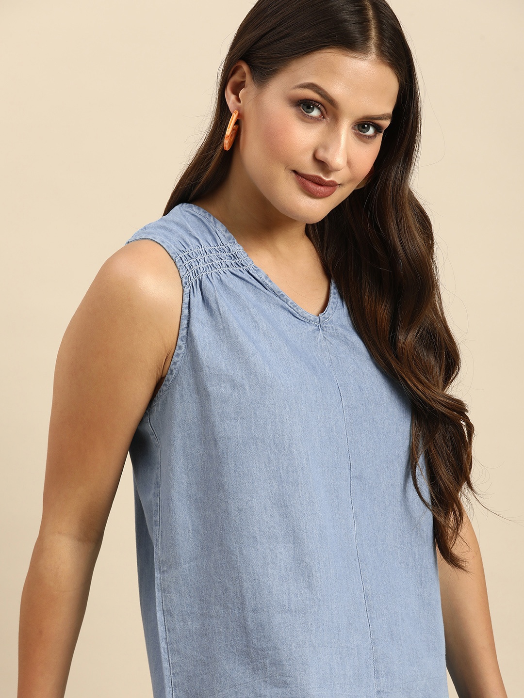 

all about you Denim Solid Sleeveless Casual Top, Blue