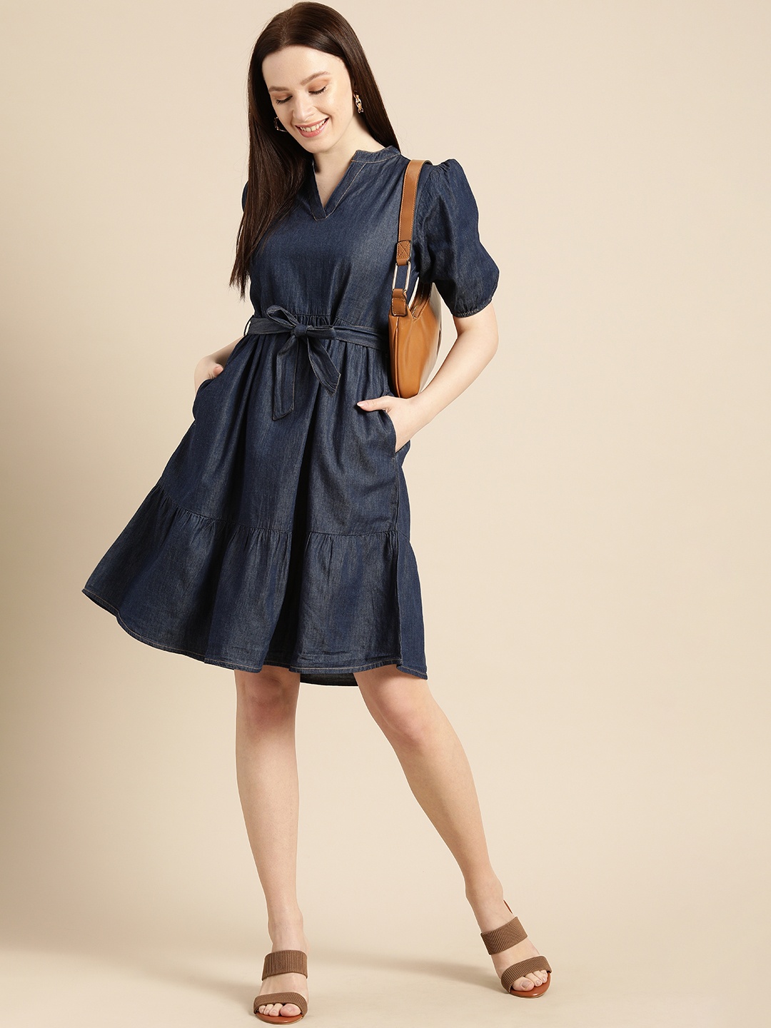 

all about you Women Navy Blue Solid Puff Sleeves V Neck Pure Cotton A-Line Midi Dress