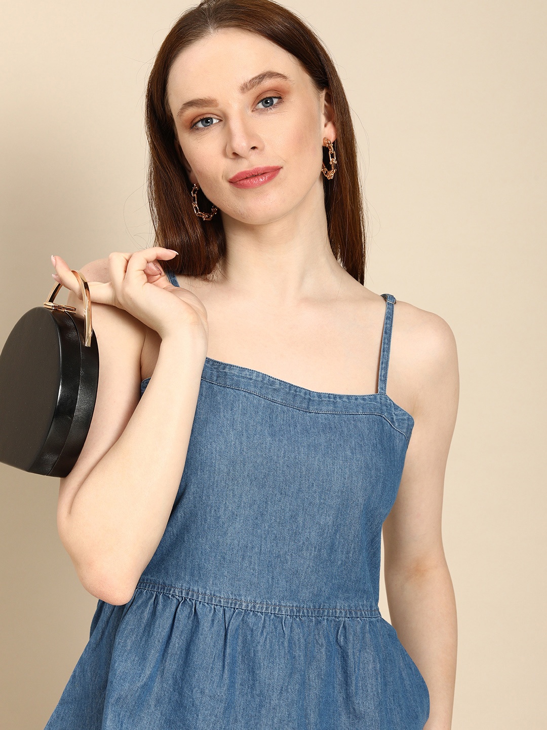 

all about you Women Blue Pure Cotton Denim Peplum Top