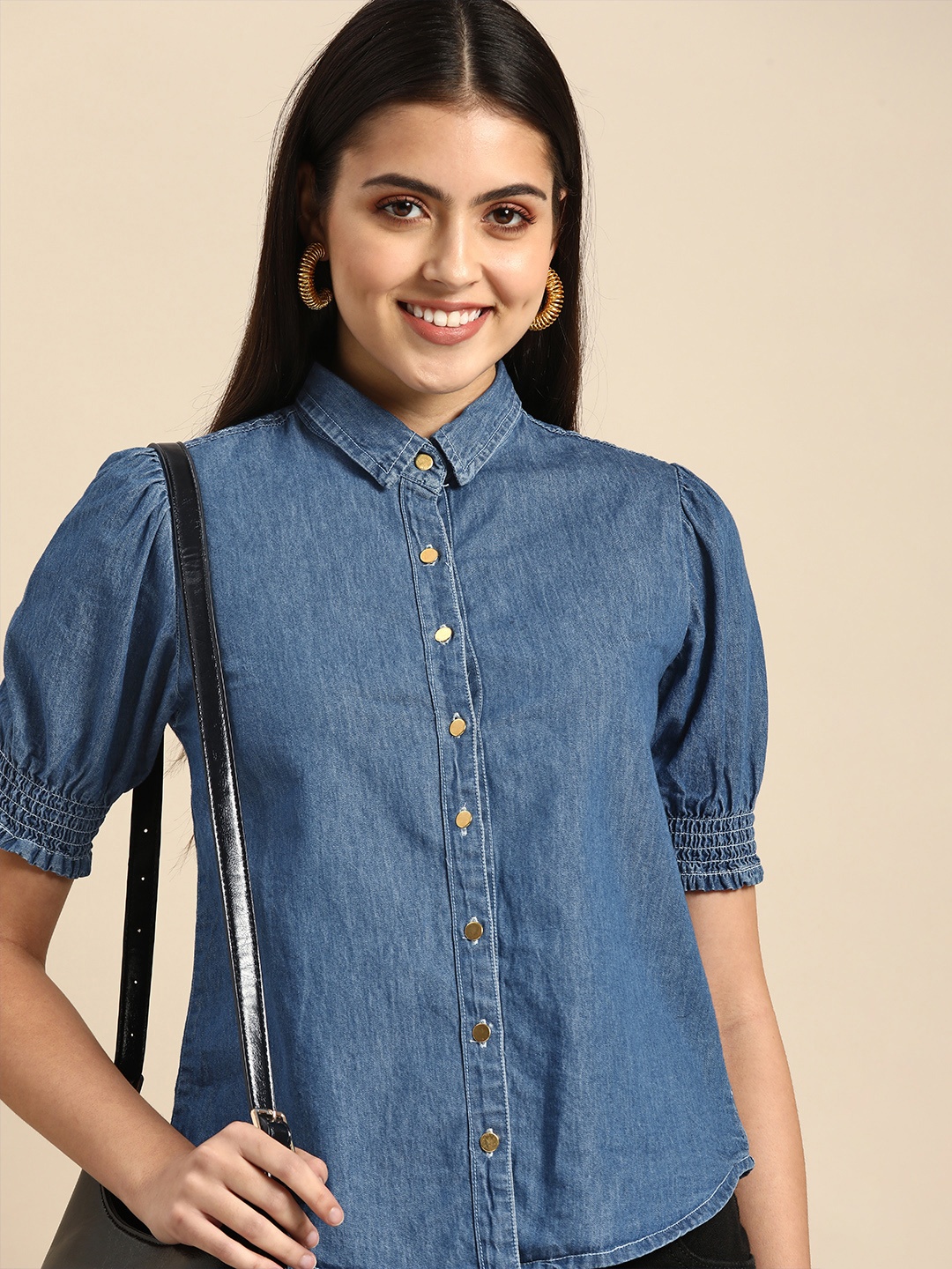 

all about you Women Blue Solid Pure Cotton Denim Casual Shirt