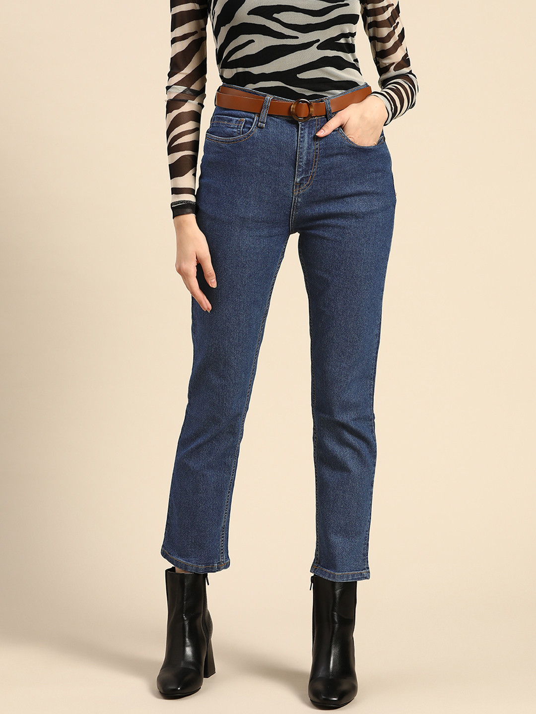 

all about you Women Blue Straight Fit Stretchable Jeans with a Belt