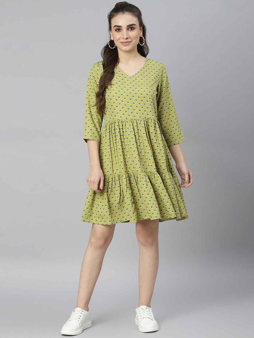 

DEEBACO Olive Green Polka Dots Printed A-Line Flared Hem Dress