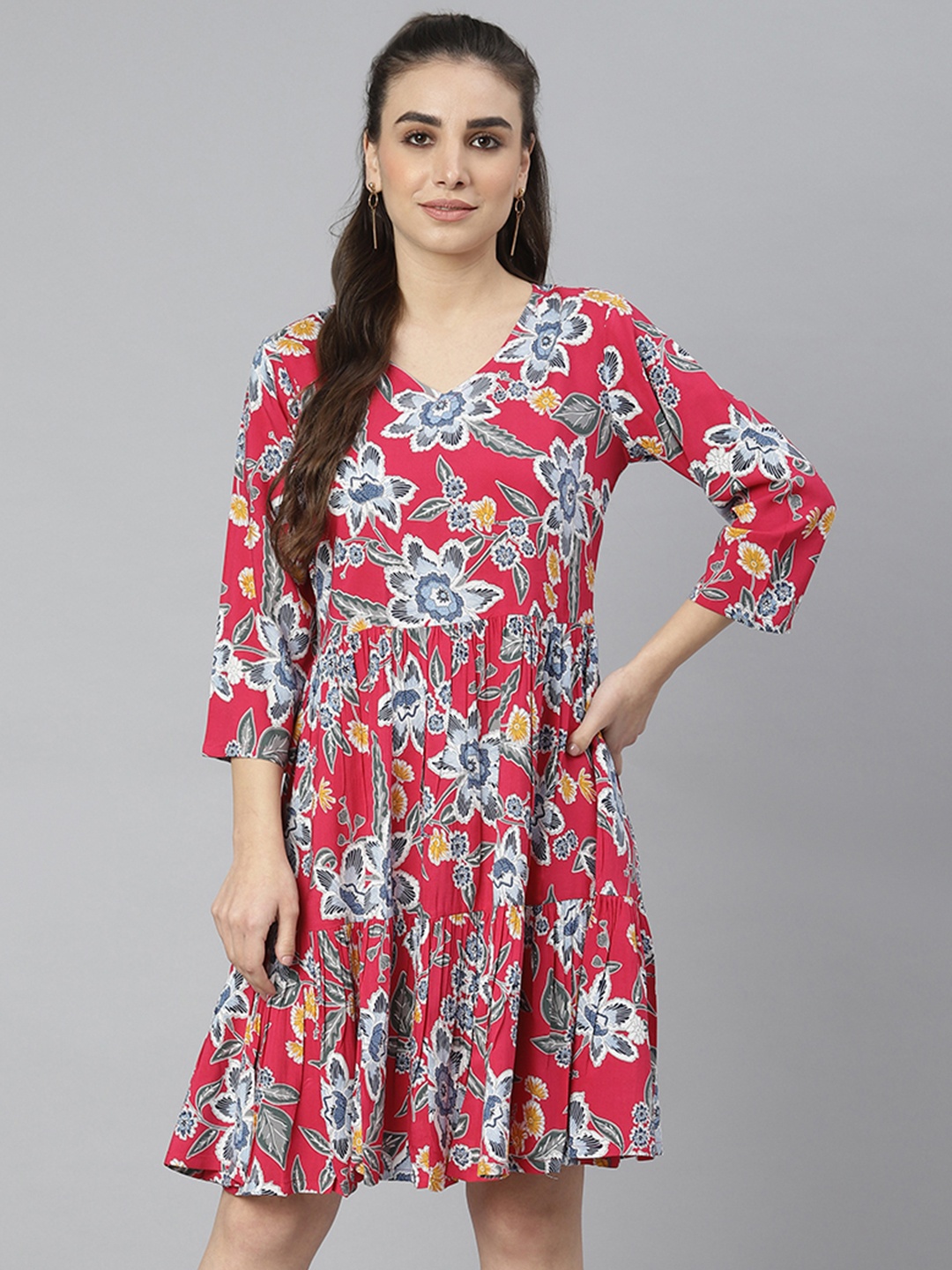 

DEEBACO Women Red Floral A-Line Dress