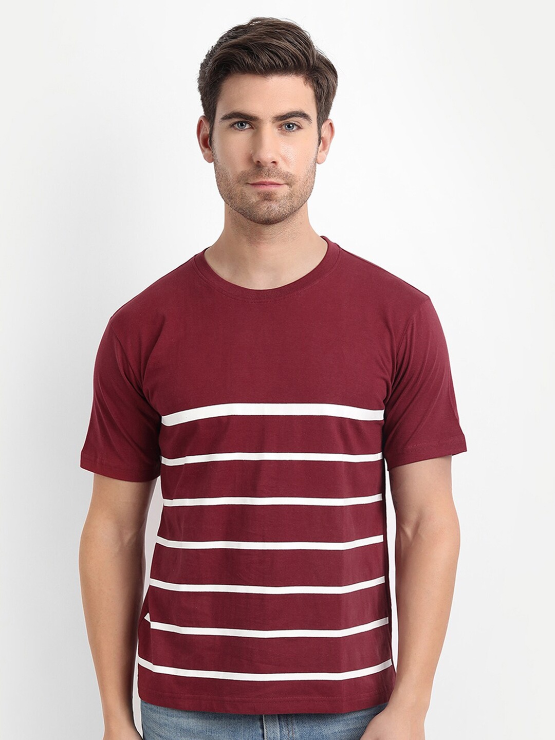 

BE AWARA Men Maroon & White Striped Cotton T-shirt