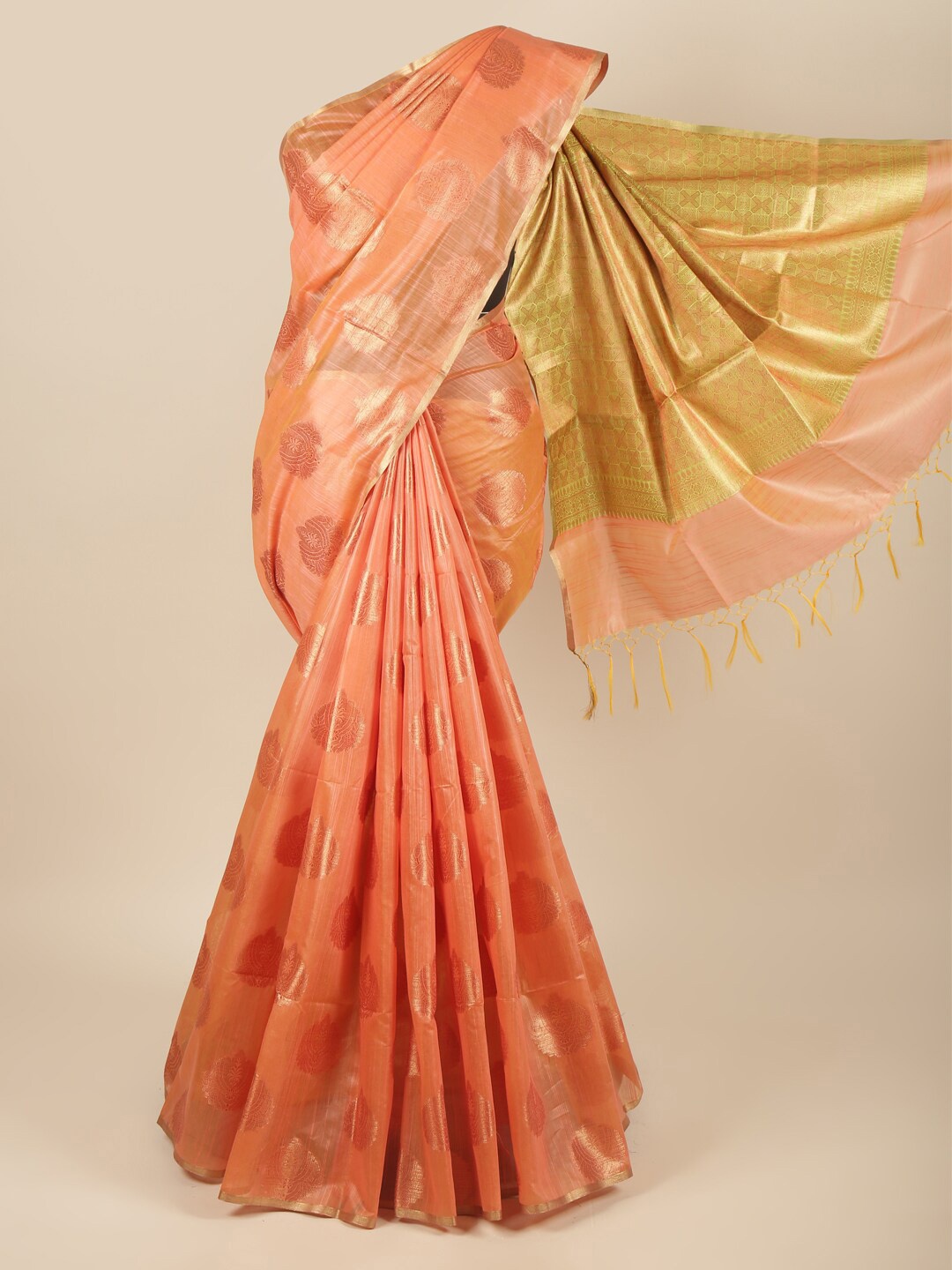 

Pothys Peach-Coloured & Gold-Toned Ethnic Motifs Pure Cotton Saree