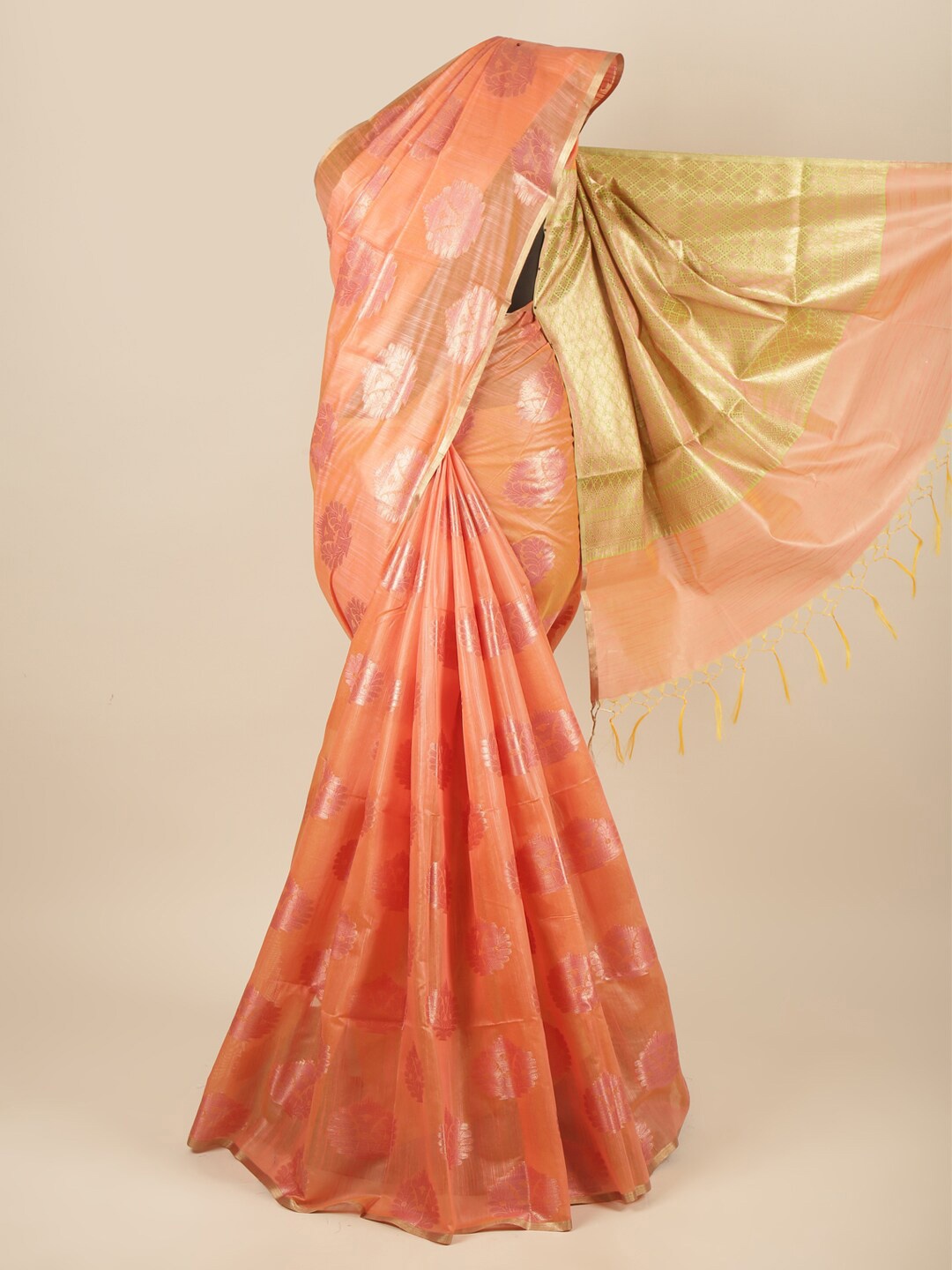 

Pothys Pink & Green Woven Design Zari Pure Cotton Saree