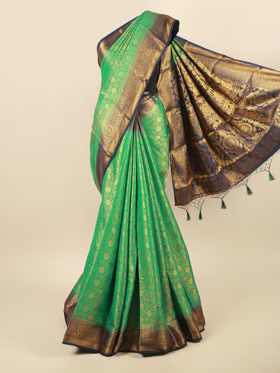 

Pothys Green & Navy Blue Floral Zari Pure Silk Saree